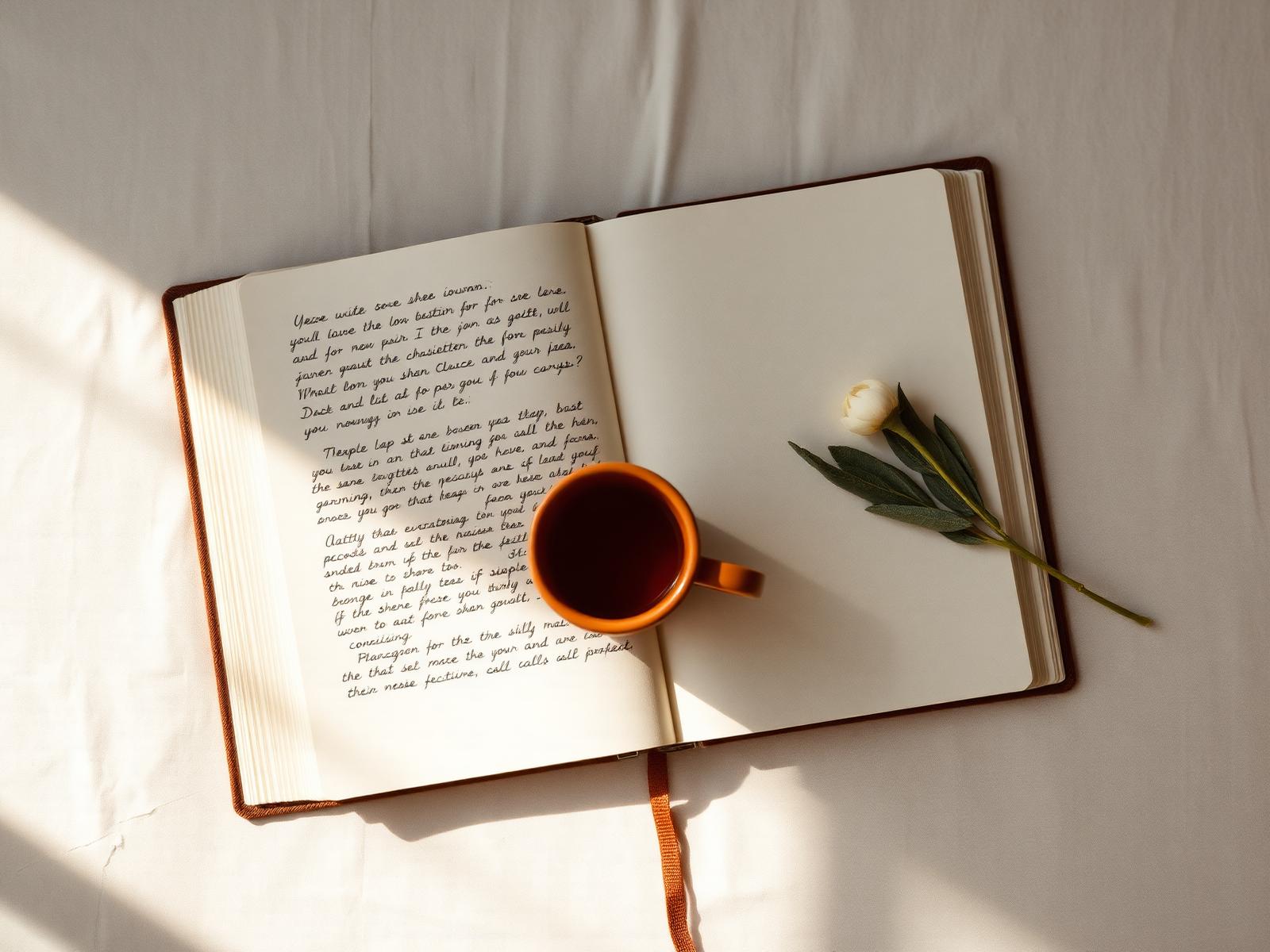 An open linen journal beside a cup of tea, sage sprigs and a pressed flower in soft afternoon light